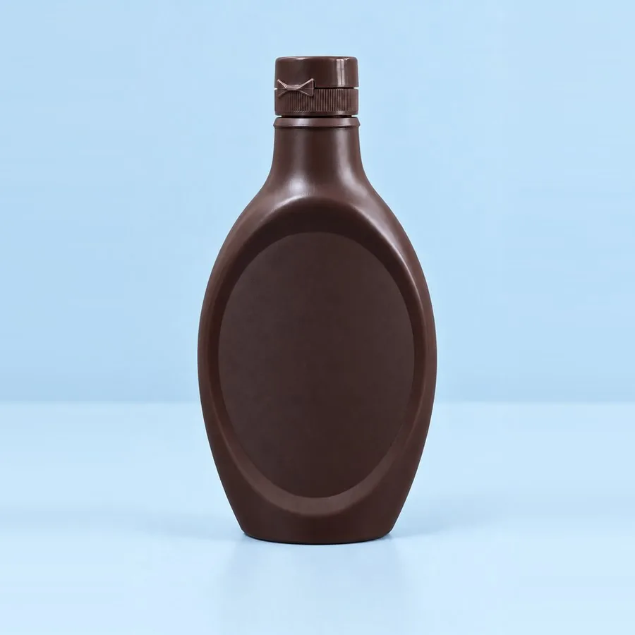Dark chocolate-brown plastic topping sauce squeeze bottle with screw cap, by Majid Industries