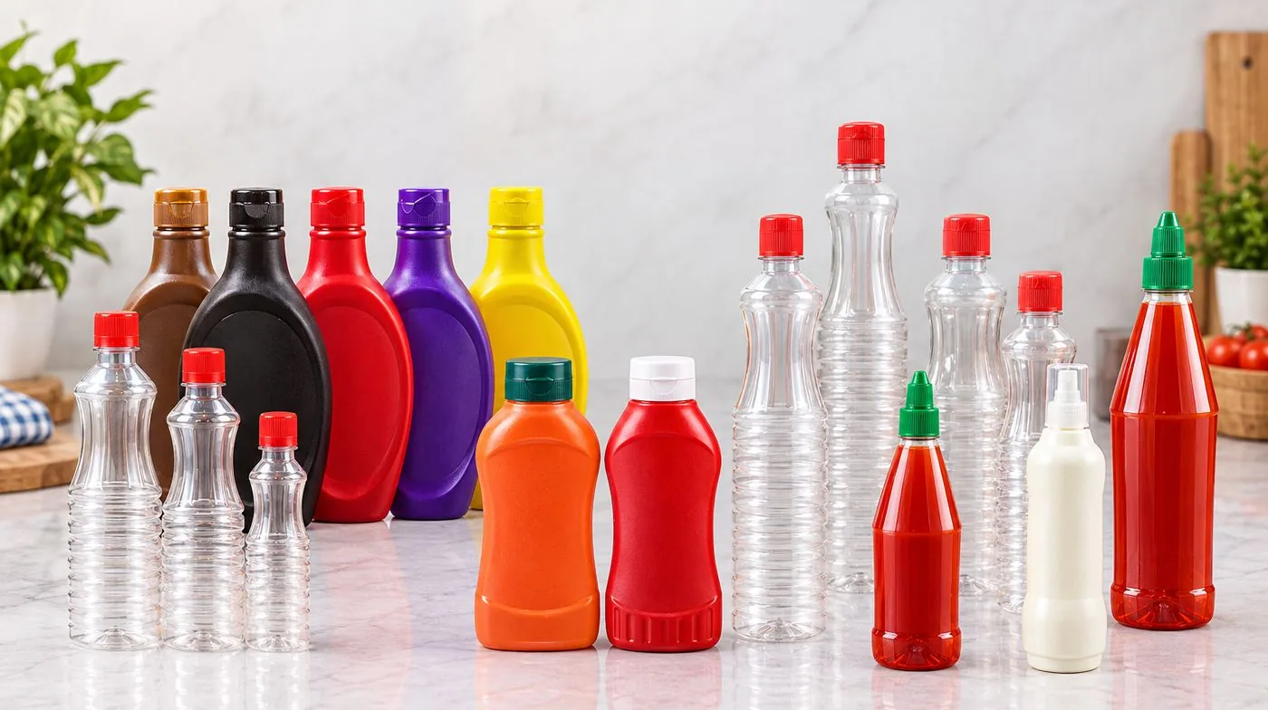 A range of plastic bottles: clear PET bottles and coloured squeeze bottles with different caps