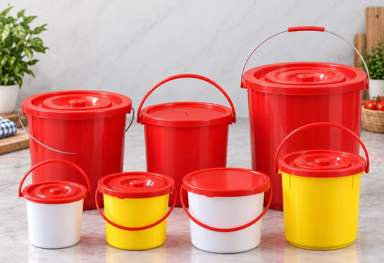 Red-lidded plastic buckets in white, yellow and red with plastic and metal handles, shown in graduated sizes
