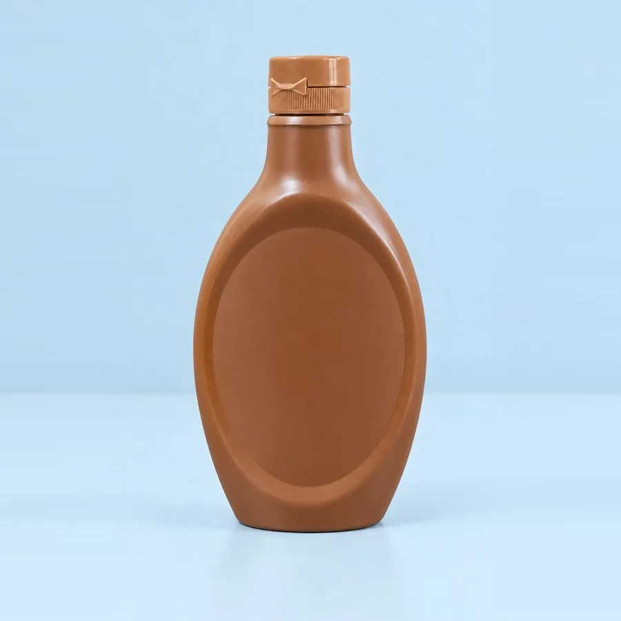 Caramel-brown plastic topping sauce squeeze bottle with screw cap, by Majid Industries